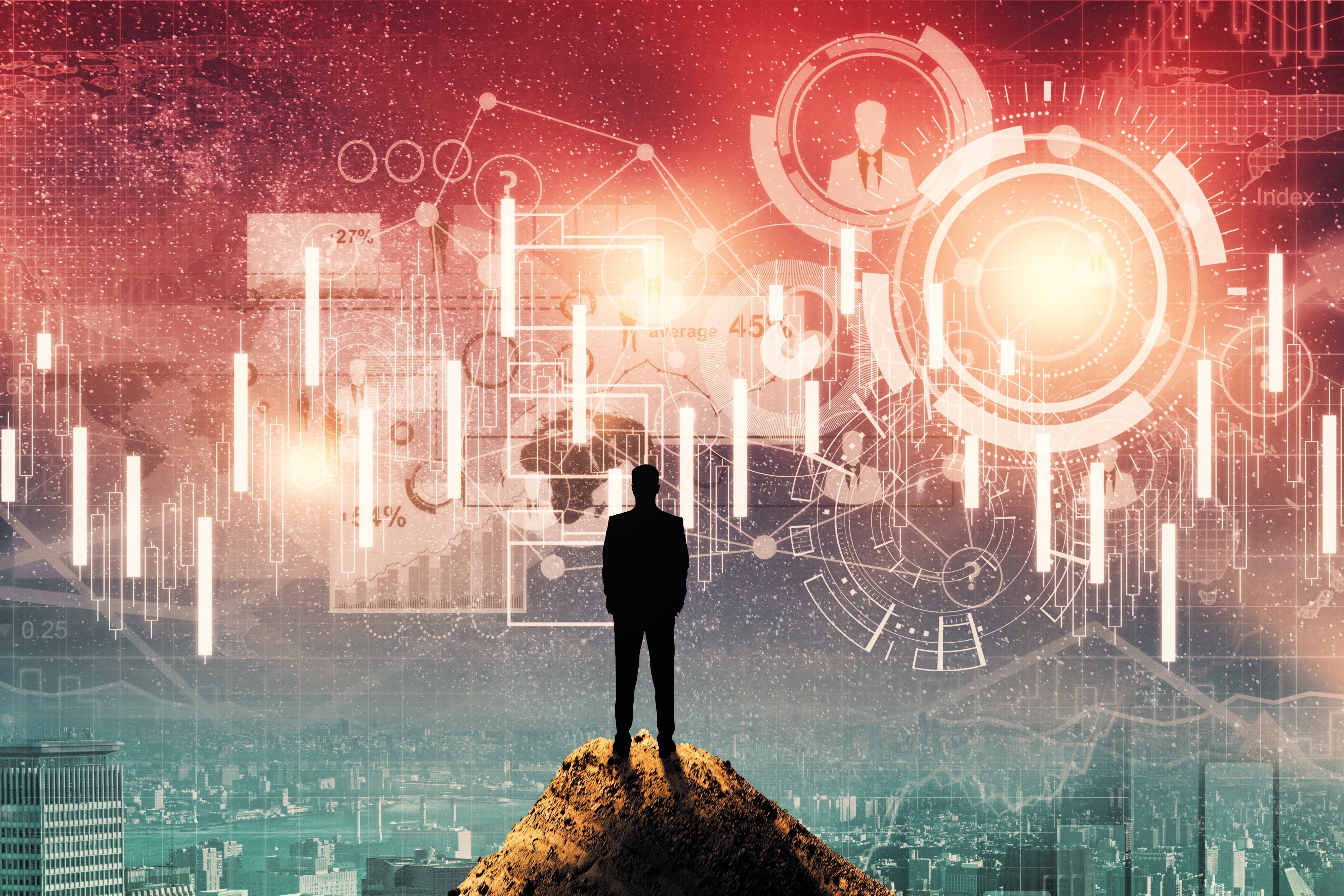 Abstract image of a guy on a hill with technology