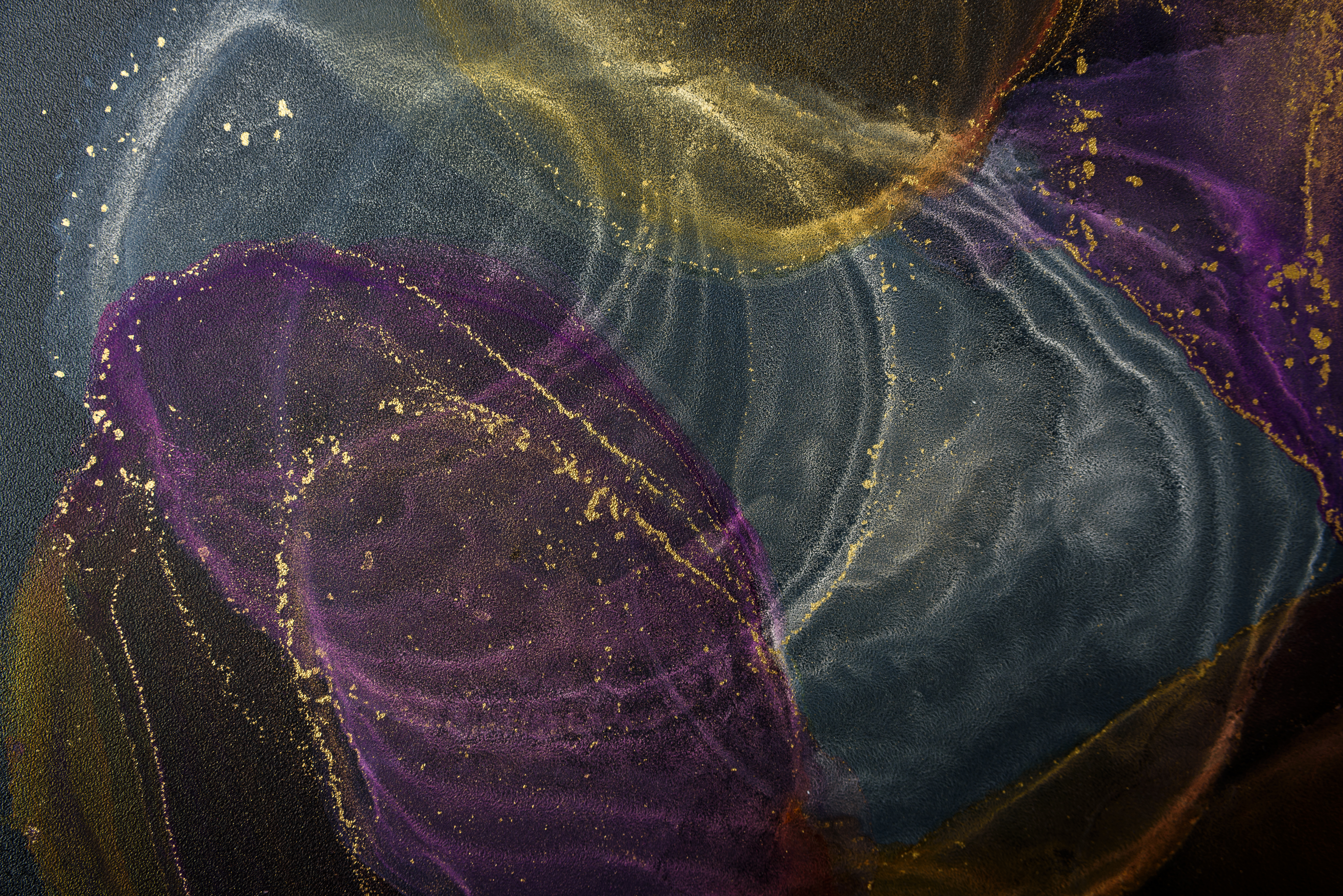 Abstract alcohol ink fluid art background on black. White, purple and copper color clouds with gold