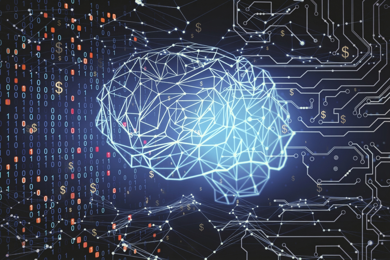 Image of a brain with technology and dollar signs